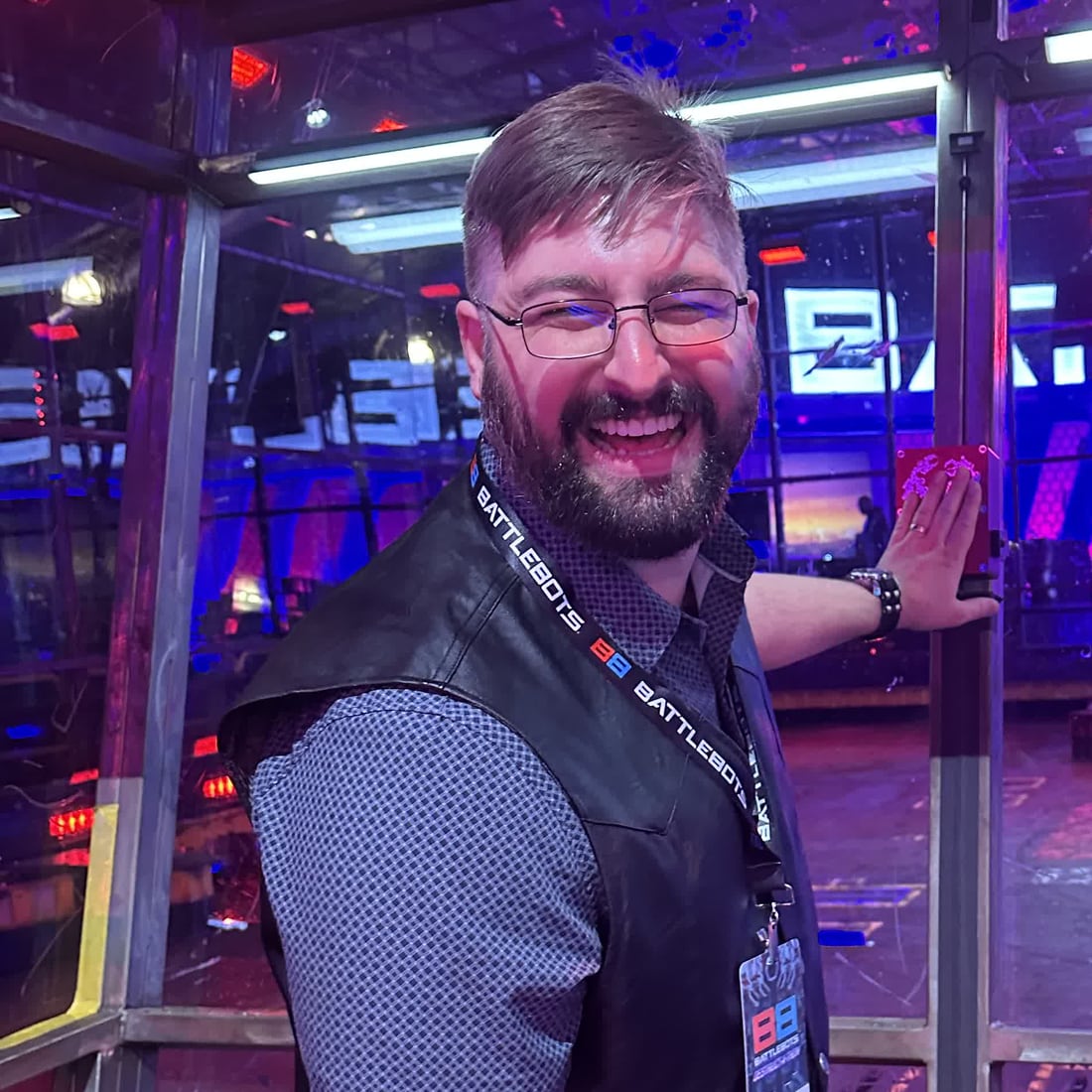 Ryan, owner of Ryan's RGB Shop, at the BattleBots arena